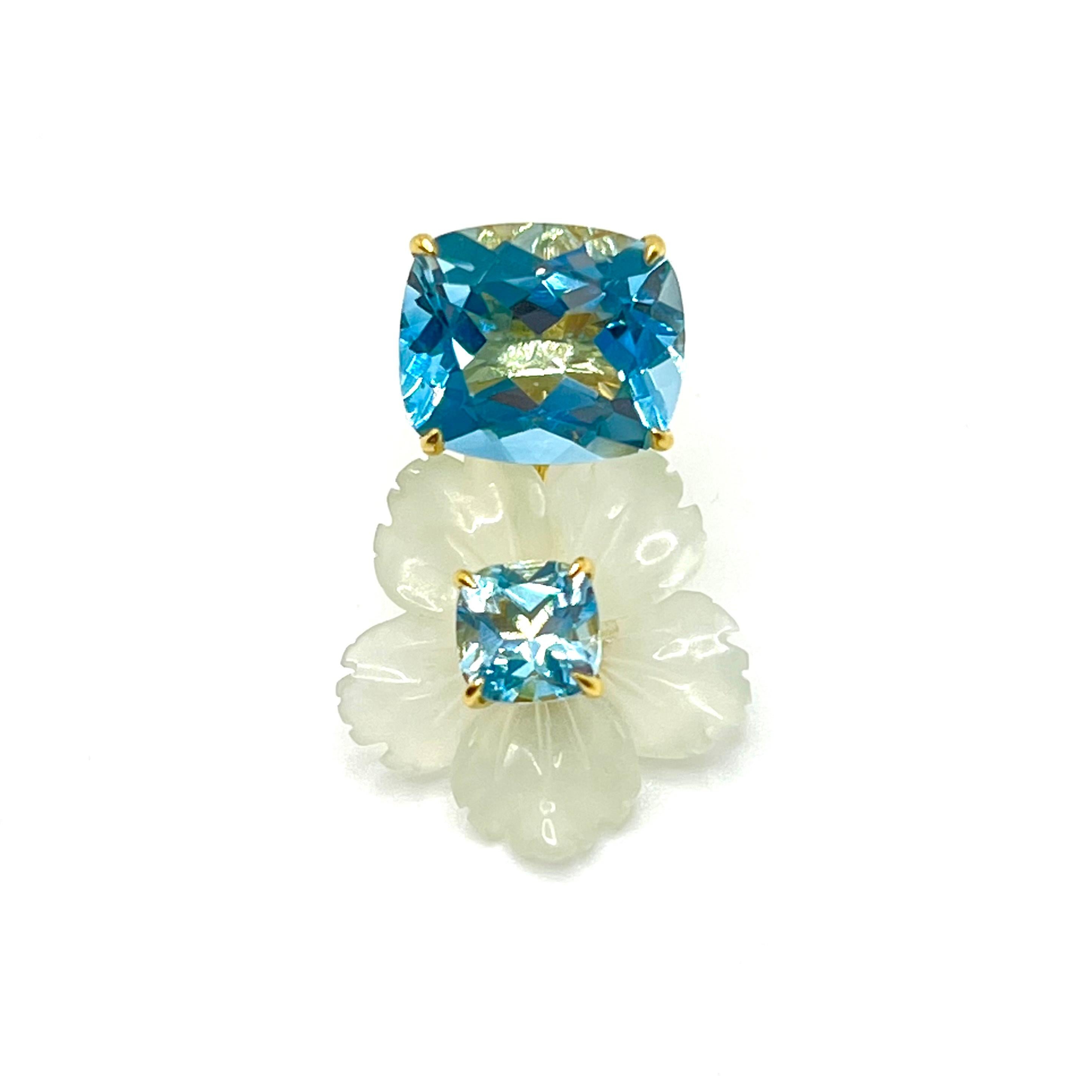 Stunning Cushion-cut Blue Topaz and Carved Serpentine Flower Drop Earrings In New Condition For Sale In Los Angeles, CA