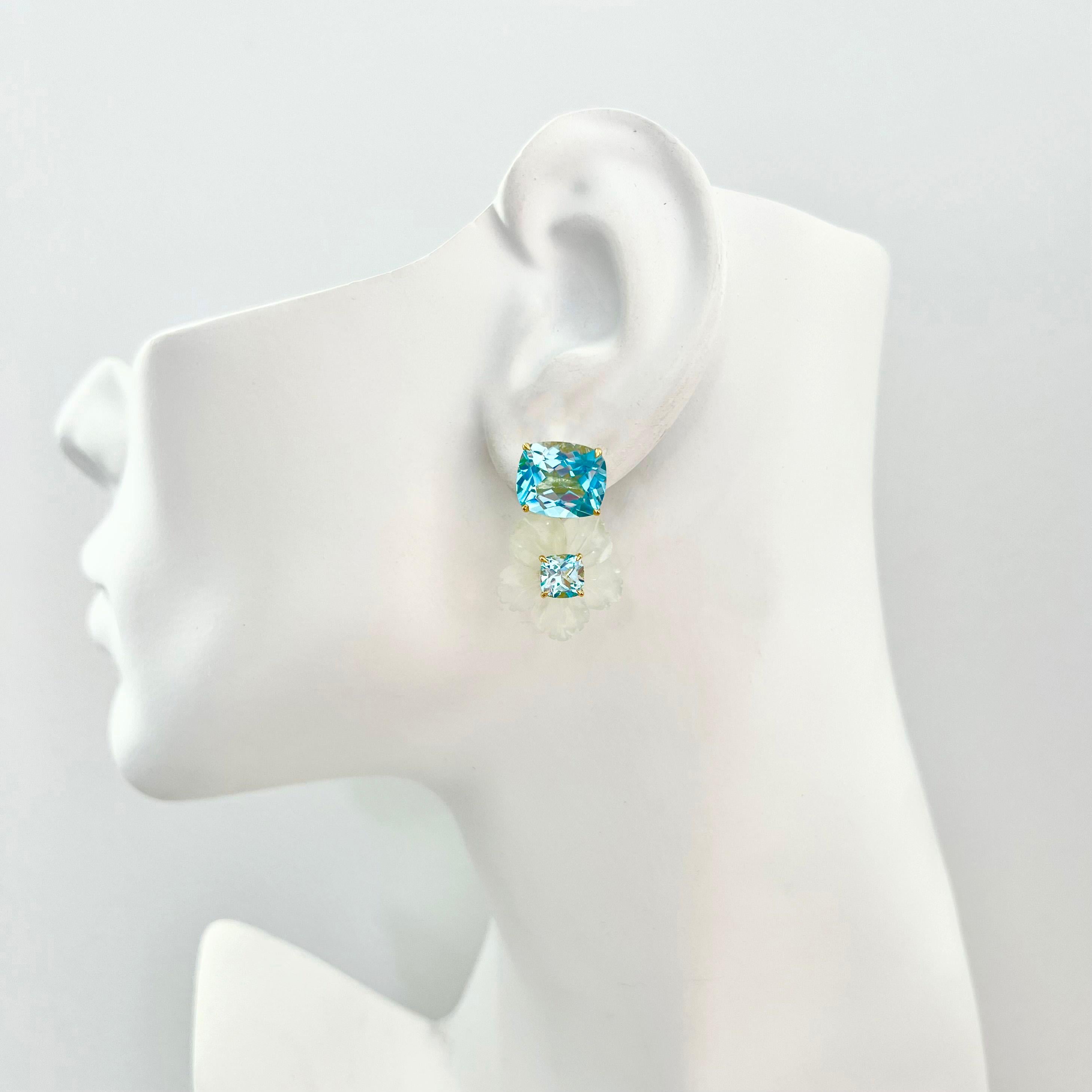 Stunning Cushion-cut Blue Topaz and Carved Serpentine Flower Drop Earrings For Sale 1