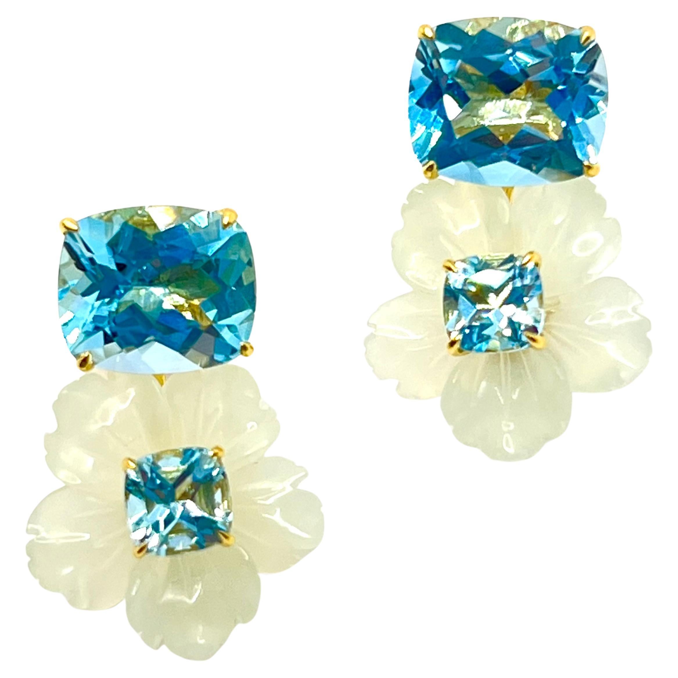 Stunning Cushion-cut Blue Topaz and Carved Serpentine Flower Drop Earrings For Sale