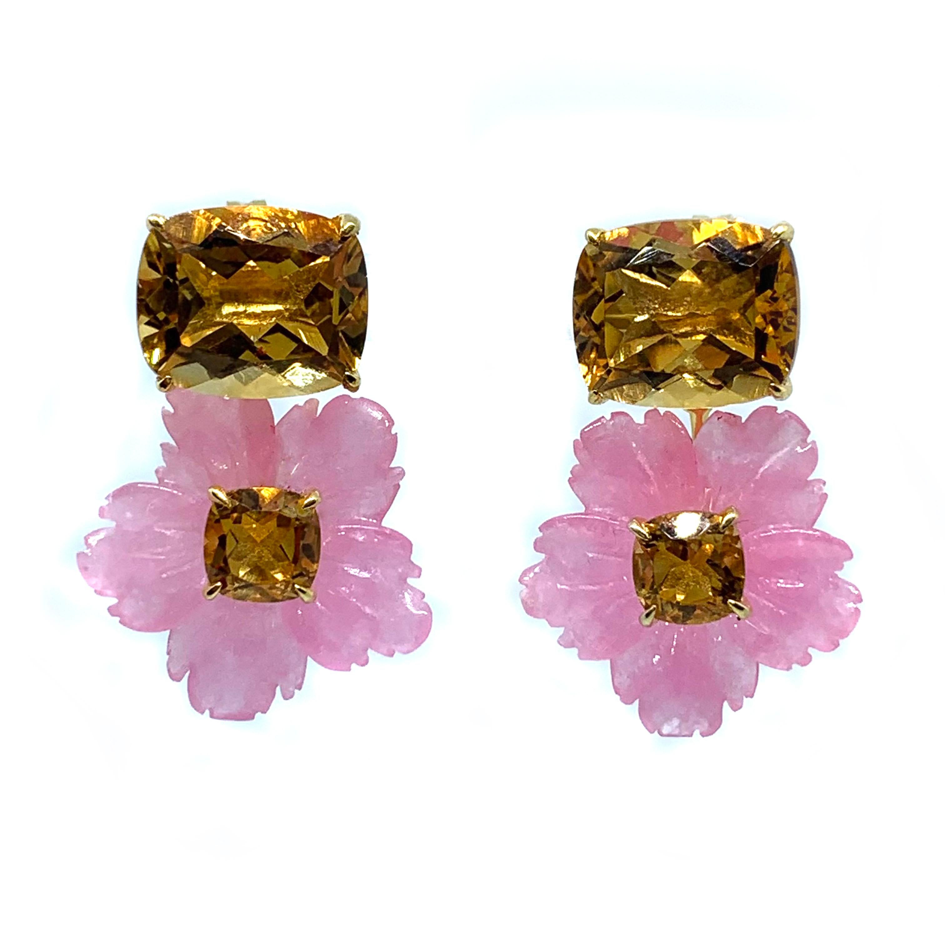 Bijoux Num's Cushion-cut Citrine and Carved Pink Quartzite Flower Drop Earrings

This gorgeous pair of earrings features beautiful cushion-cut yellow citrine,  18mm pink quartzite carved into beautiful three dimension flower with cushion-cut citrine