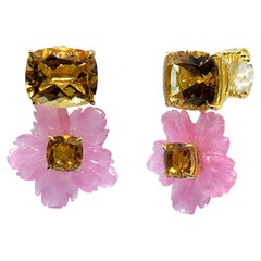 (SPECIAL ORDER) Cushion-cut Citrine and Carved Pink Quartzite Flower Earrings 