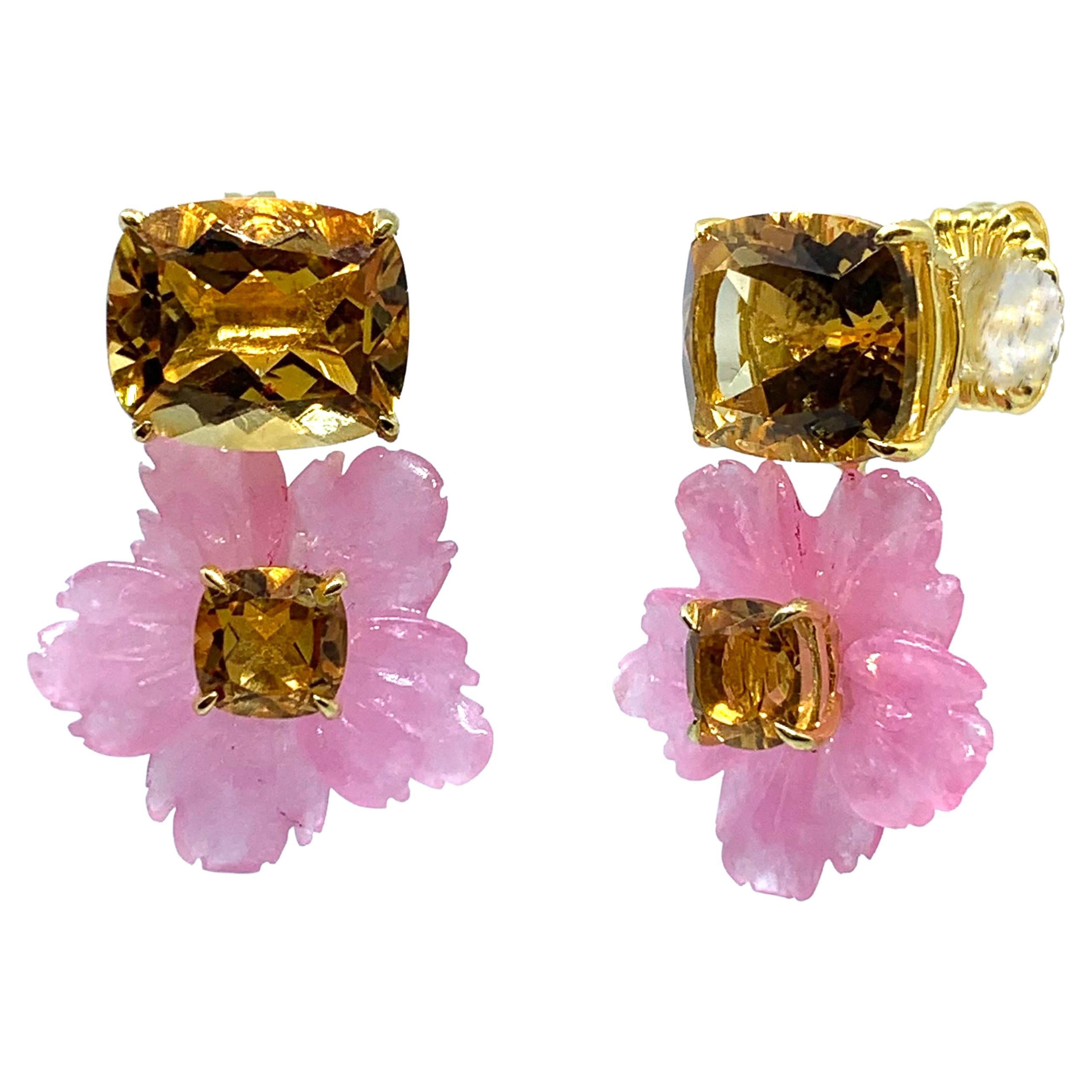Stunning Cushion-cut Citrine and Carved Pink Quartzite Flower Drop Earrings