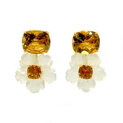 Stunning Cushion-cut Citrine and Carved Serpentine Flower Drop Earrings