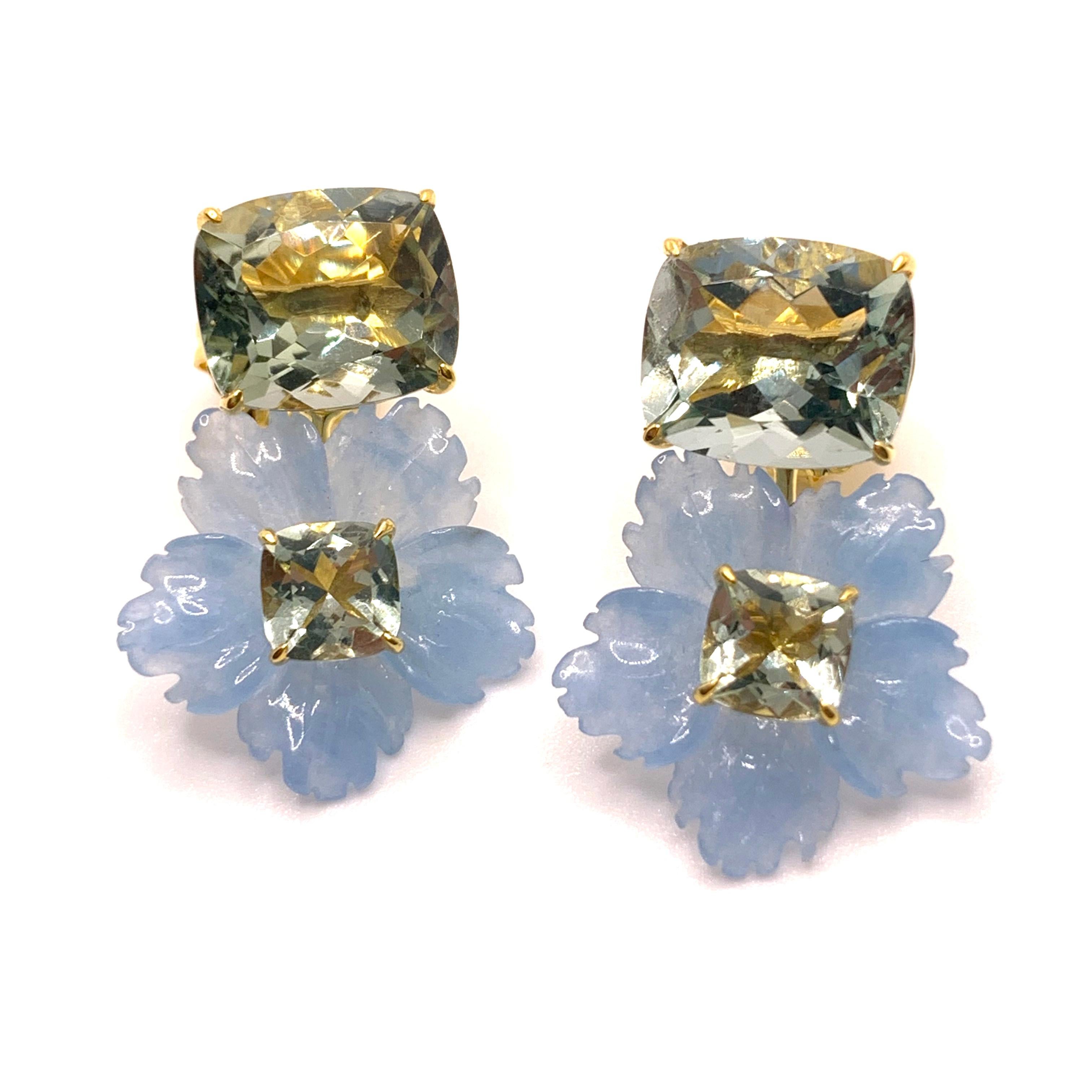 Stunning Cushion-cut Prasiolite and Carved Blue Quartzite Flower Drop Earrings In New Condition For Sale In Los Angeles, CA