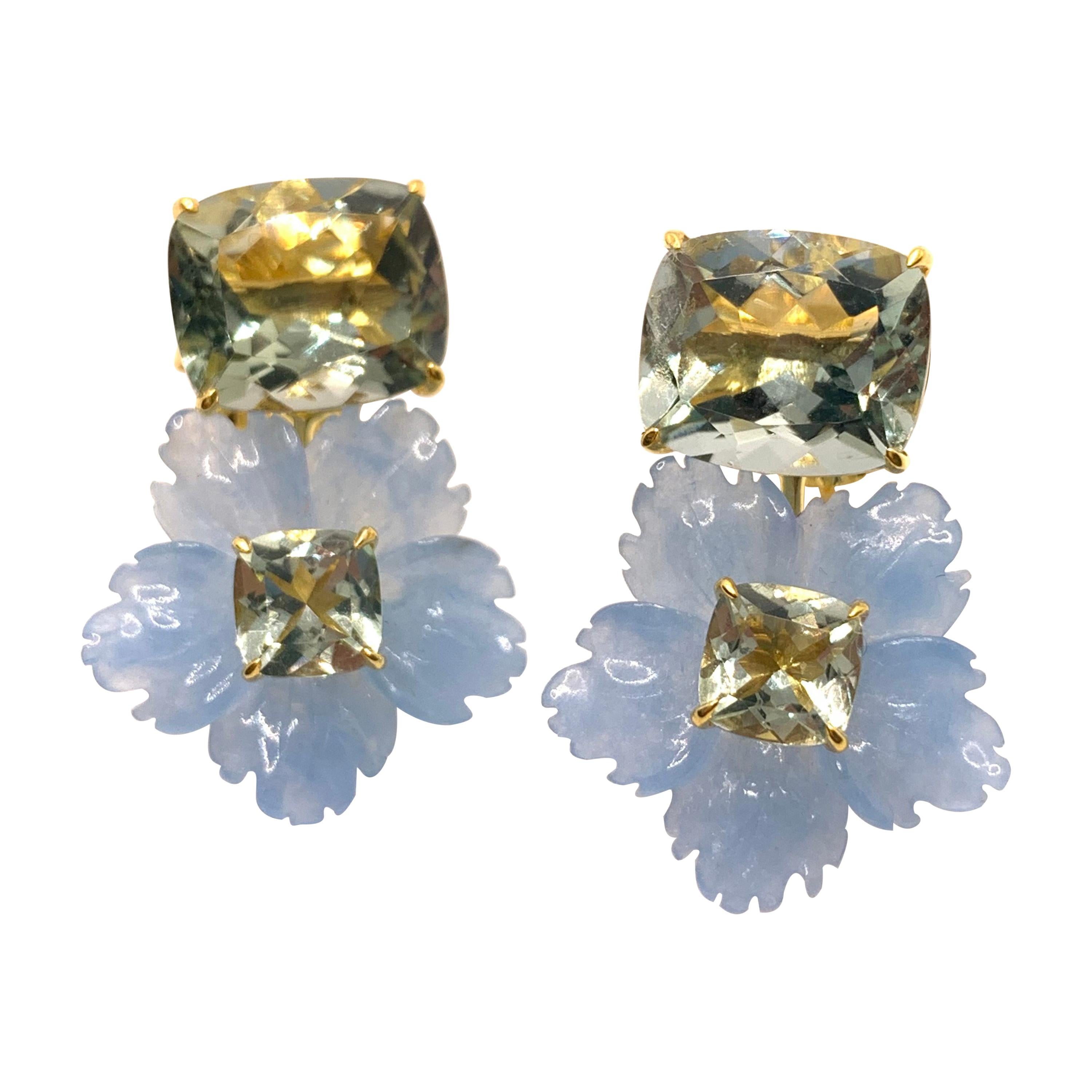 Stunning Cushion-cut Prasiolite and Carved Blue Quartzite Flower Drop Earrings For Sale