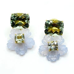 Stunning Cushion-cut Prasiolite and Carved Chalcedony Flower Drop Earrings
