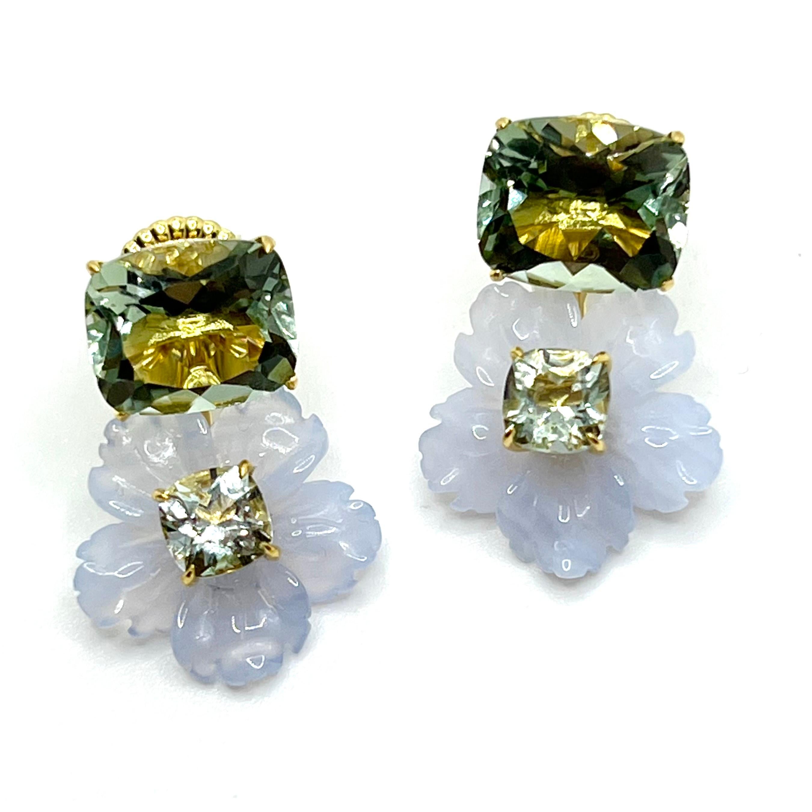 Artisan Stunning Cushion-cut Prasiolite and Carved Chalcedony Flower Drop Earrings For Sale