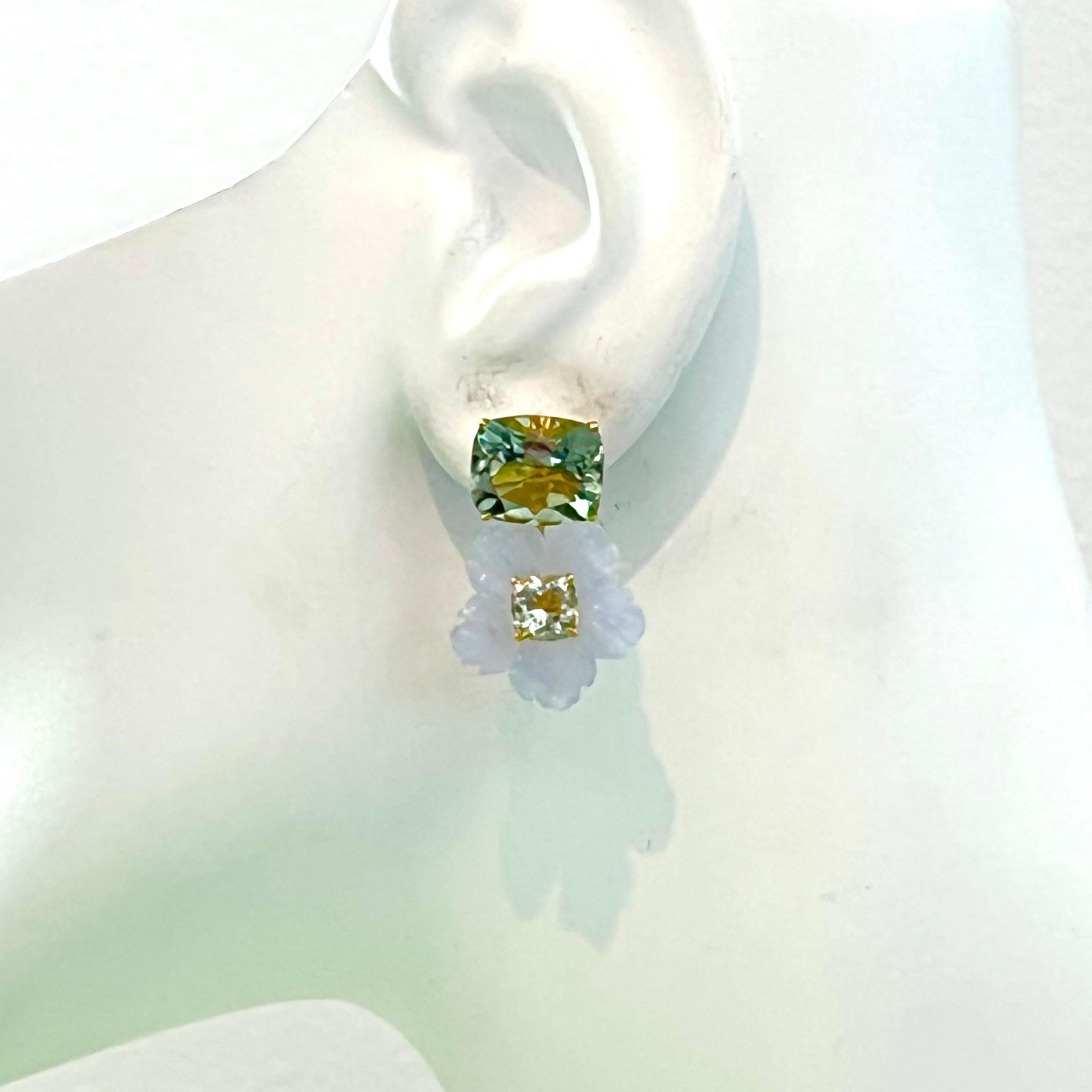 Stunning Cushion-cut Prasiolite and Carved Chalcedony Flower Drop Earrings For Sale 1