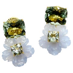 Stunning Cushion-cut Prasiolite and Carved Chalcedony Flower Drop Earrings