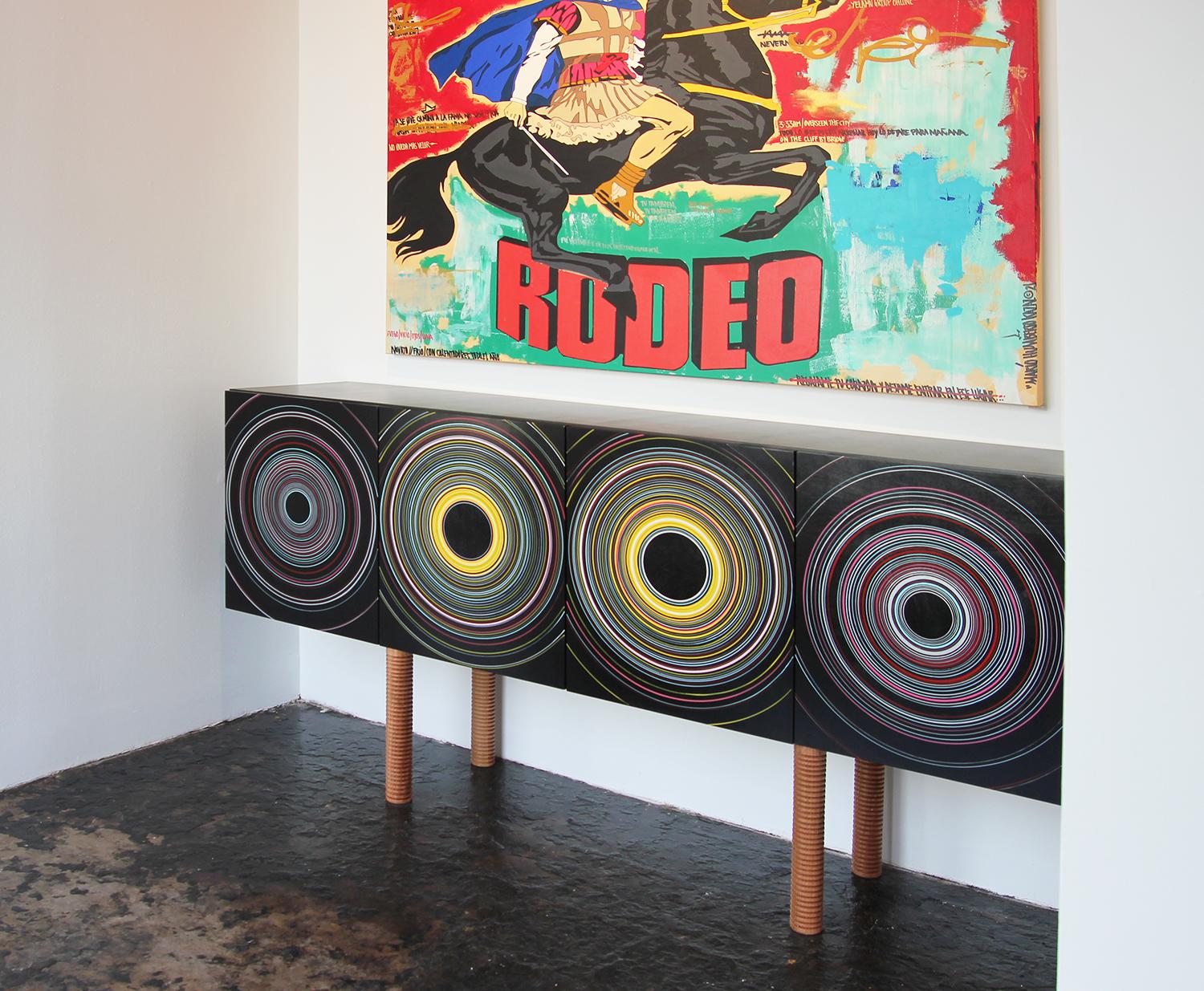 Stunning custom contemporary modern sideboard with colorful abstract figurative painting. This handmade sideboard was custom made in Houston, Texas in collaboration with artist David Hardaker. The hand painted door fronts feature four colorful
