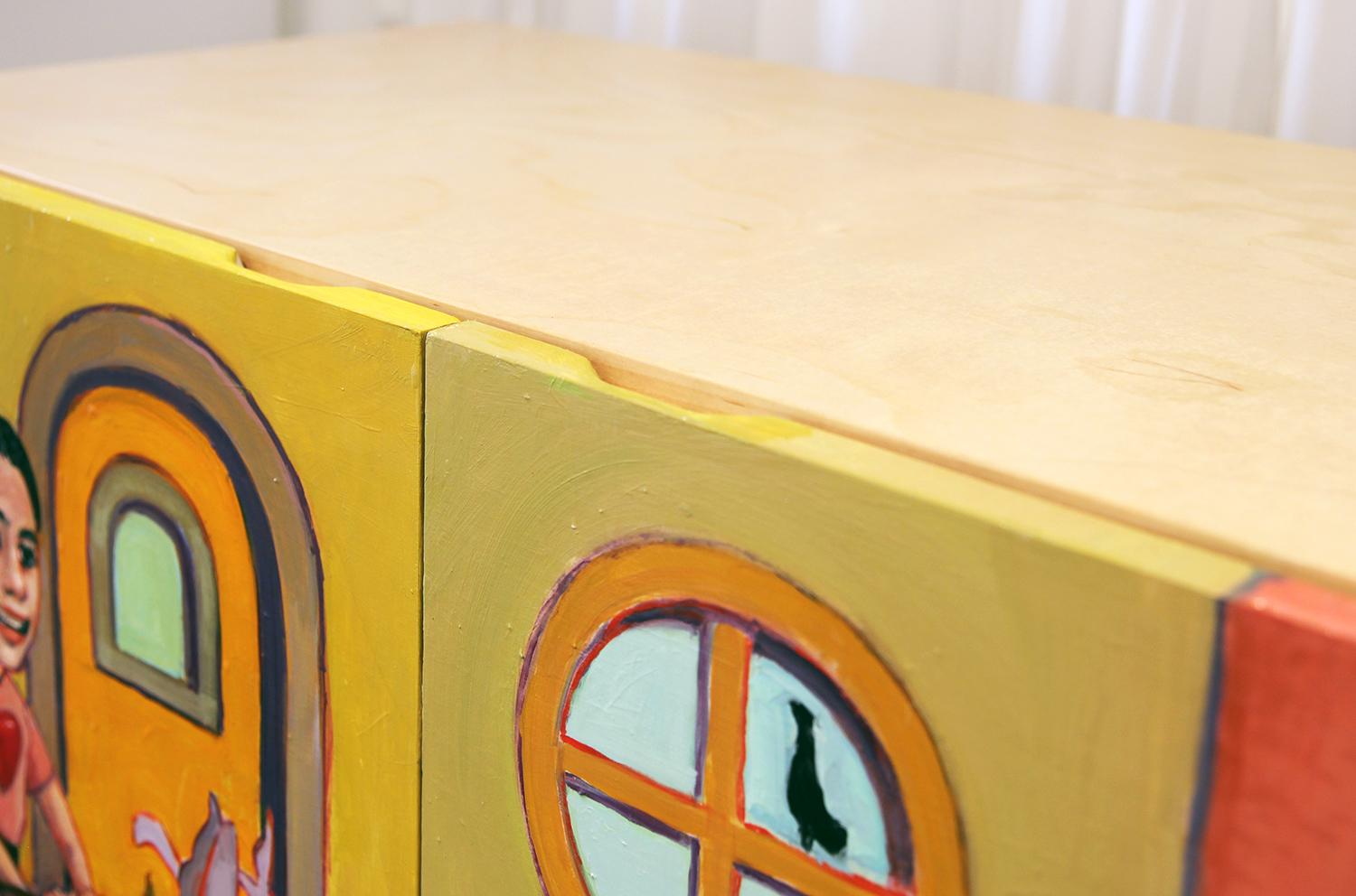 Stunning custom contemporary modern sideboard with colorful abstract figurative painting. This handmade sideboard was custom made in Houston, Texas in collaboration with surrealist painter Henry David Potwin. The hand painted door fronts feature