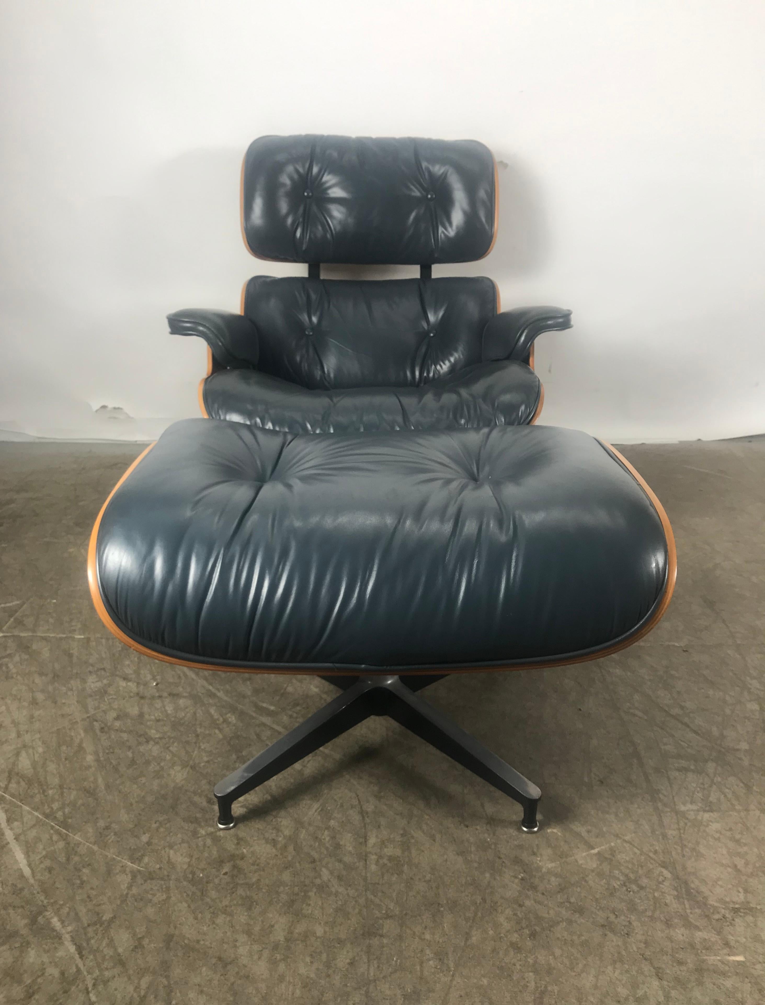 Mid-Century Modern Stunning Custom Order Lounge Chair and Ottoman by Charles Eames, Blue Leather