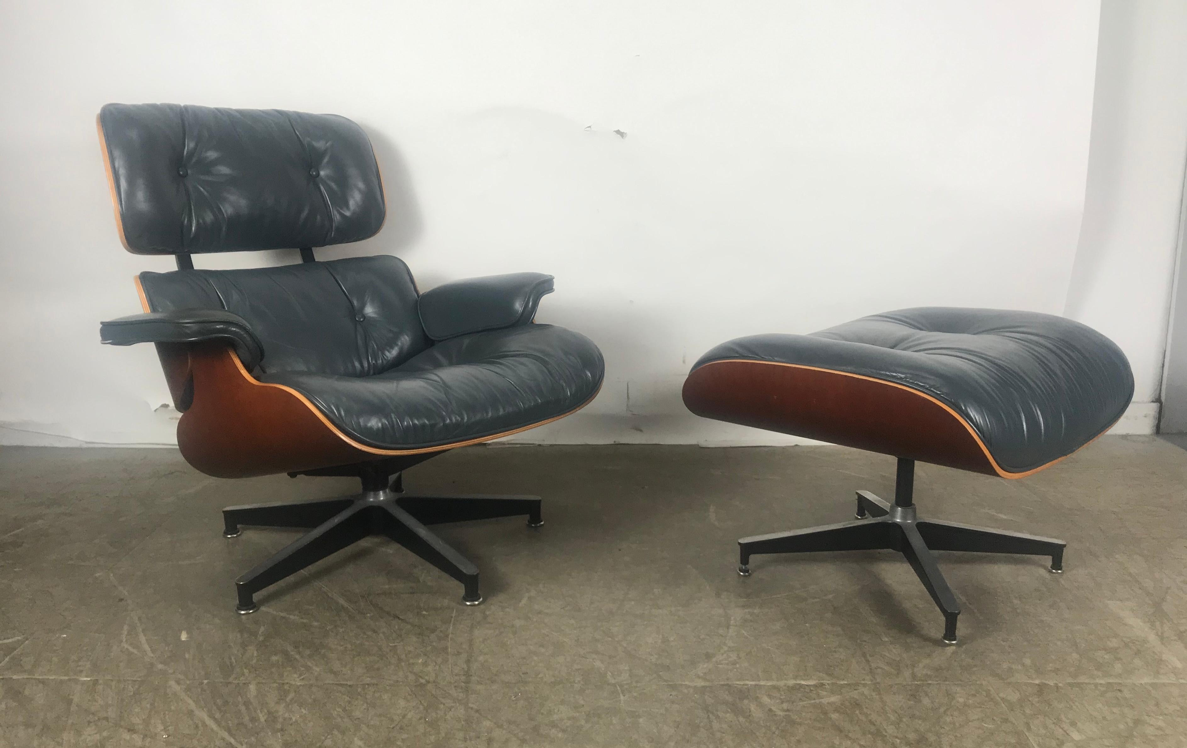Stunning Custom Order Lounge Chair and Ottoman by Charles Eames, Blue Leather In Good Condition In Buffalo, NY