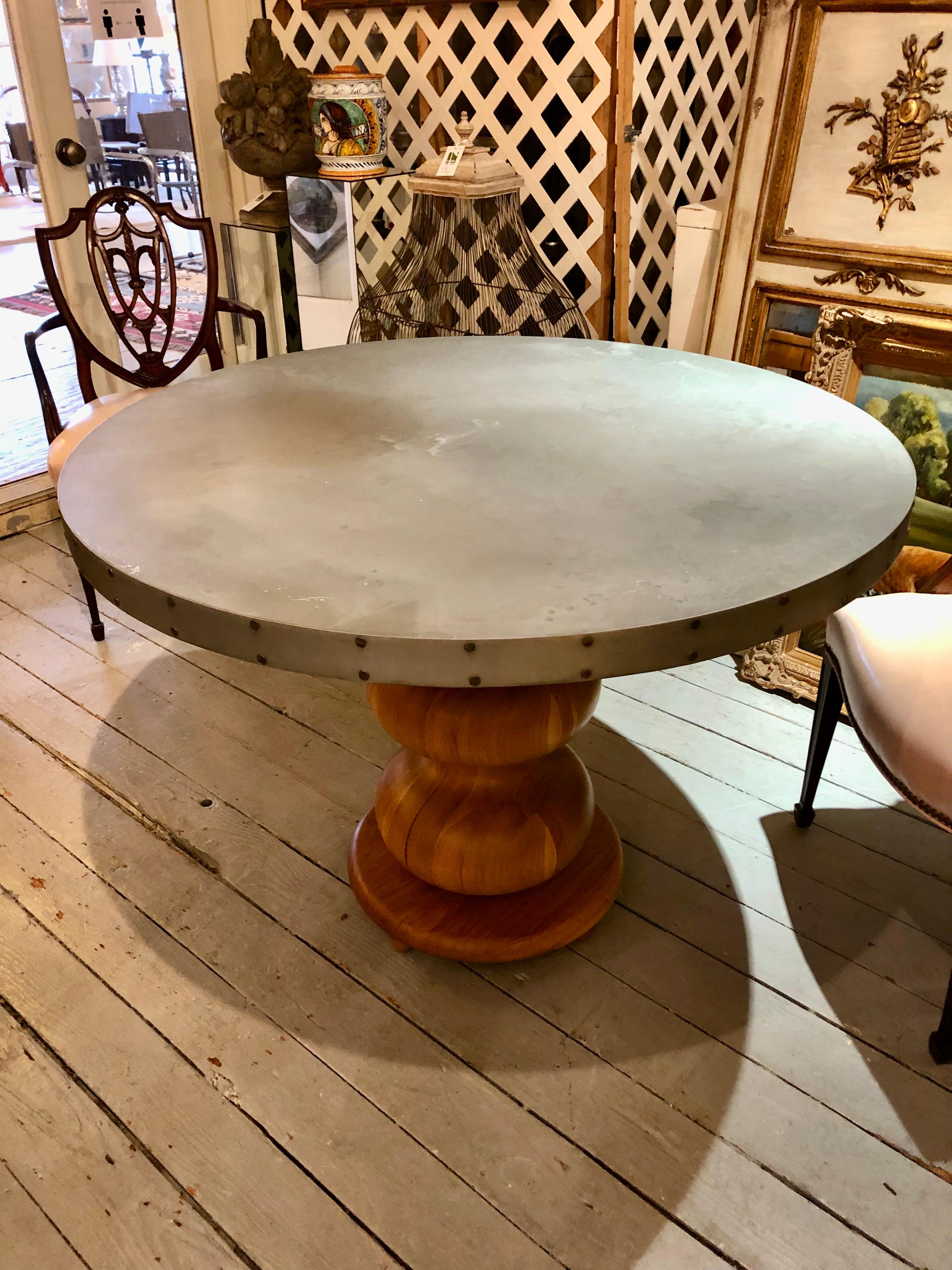 Stunning Custom Round Zinc Top Dining Table with Oak Turned Pedestal