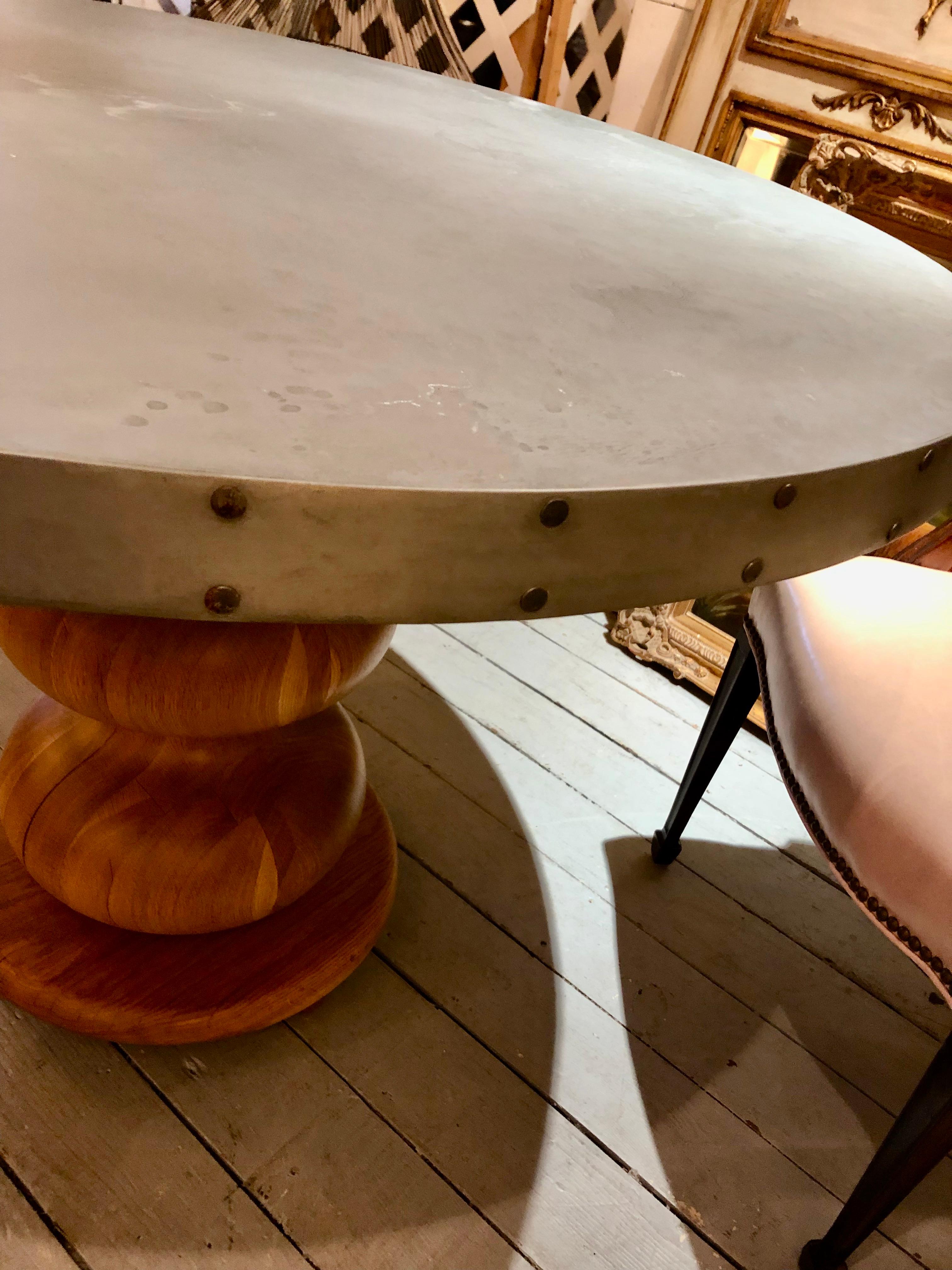 Stunning Custom Round Zinc Top Dining Table with Oak Turned Pedestal