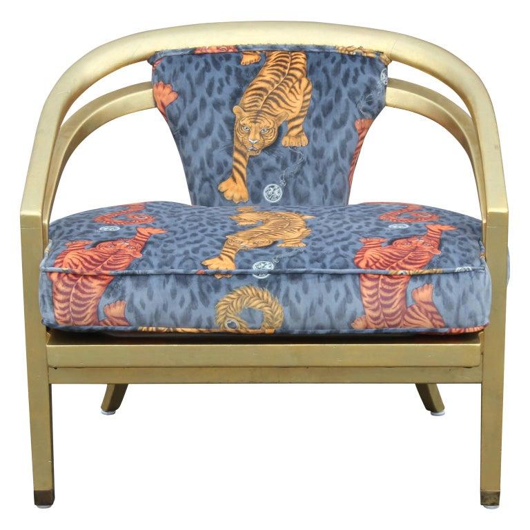 A single brilliant modern 22-karat gold leaf tiger print chair. Freshly upholstered in luxurious Clarke & Clark velvet, circa 1950s.