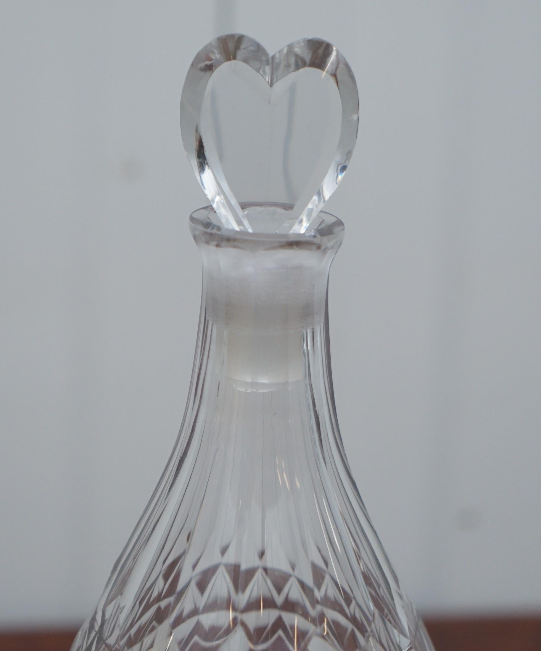 English Stunning Cut Glass Crystal Decanter Handmade and Blown with Heart Stopper