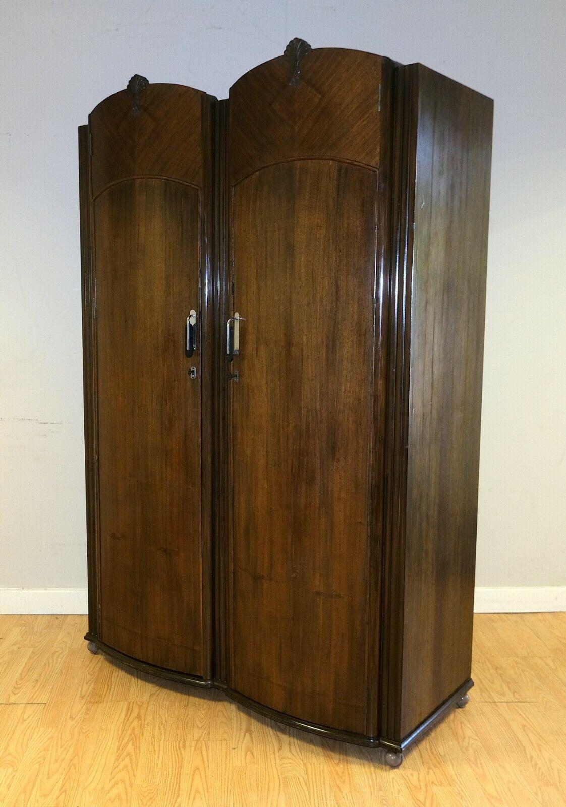 Stunning C.W.S Art Deco Walnut Brown Double Wardrobe on Wheels Part of a Set For Sale 2