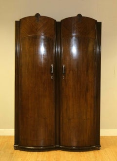 Stunning C.W.S Art Deco Walnut Brown Double Wardrobe on Wheels Part of a Set