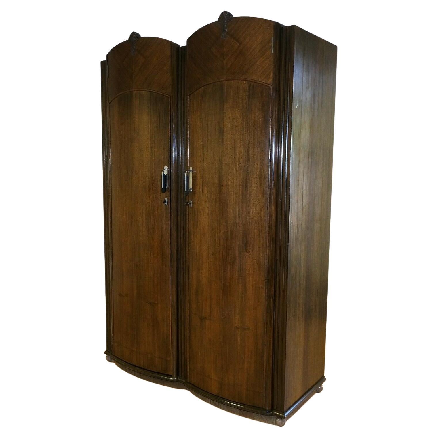 Stunning C.W.S Art Deco Walnut Brown Double Wardrobe on Wheels Part of a Set For Sale