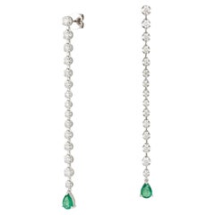 Stunning Dangle White Gold 18K Earrings  Emerald Diamond For Her