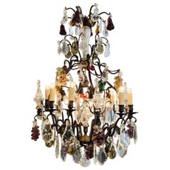 Antique Stunning Dark Iron Framed Crystal Colorful Chandelier, France, 1900