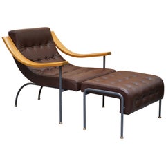 Vintage Stunning David Linley St Moritz Lounge Armchair & Ottoman Italian Brown Leather