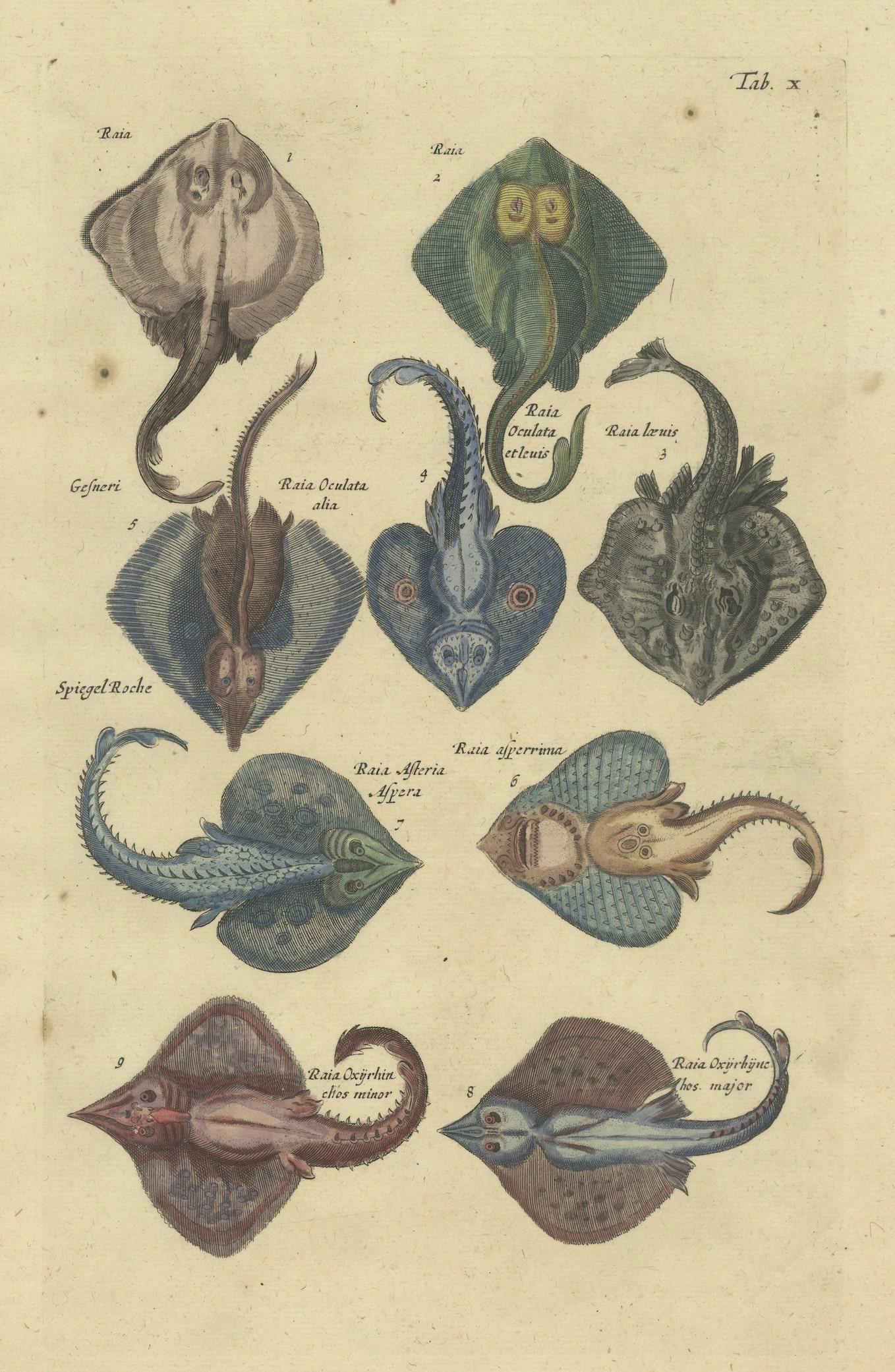 Antique print of illustrating several raja species. Raja, also known as raia, is a genus of skates in the family Rajidae containing 16 species. It includes the brown ray and many others. These rare hand colored copperplate engraving has been