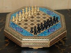 STUNNING DECORATIVE VINTAGE PERSIAN CHESS BOARD WiTH STAUNTON STYLE CHESS PIECES