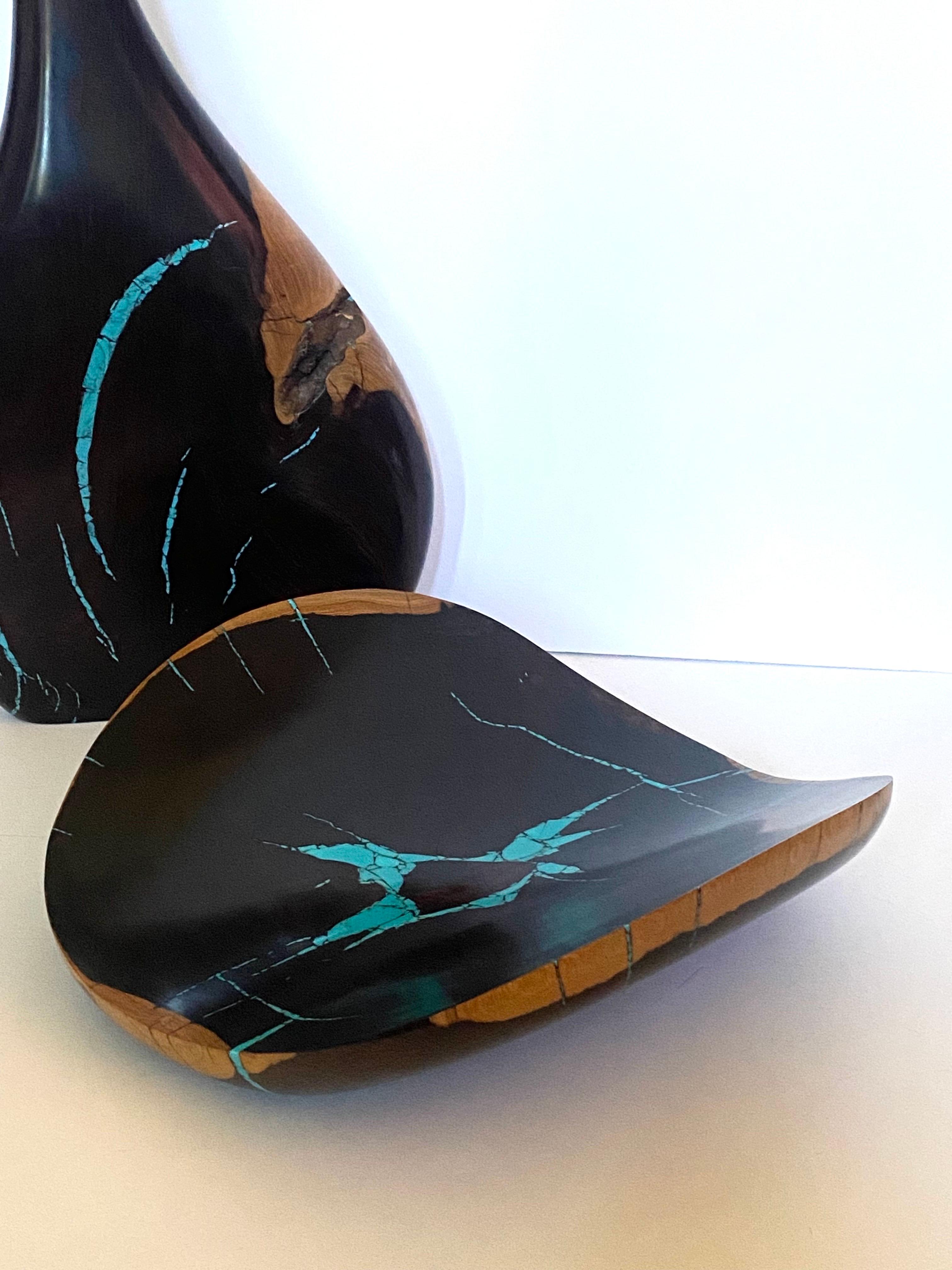 Stunning Desert Ironwood & Turquoise Vessel and Bowl by Artisan Larry Favorite For Sale 9