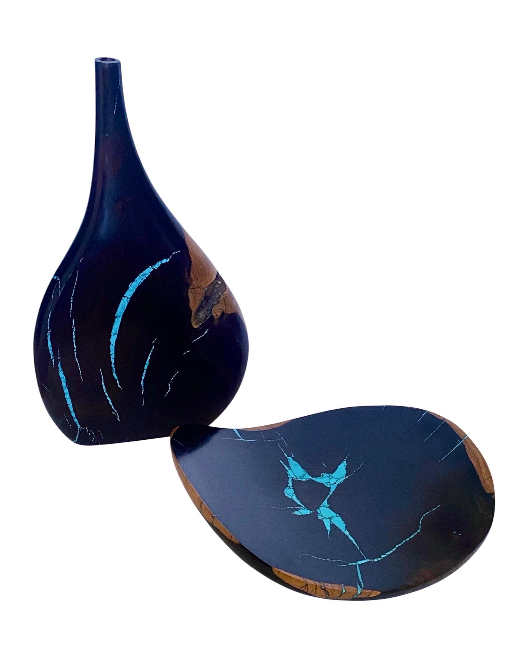 Stunning Desert Ironwood & Turquoise Vessel and Bowl by Artisan Larry Favorite In Good Condition For Sale In Montclair, NY