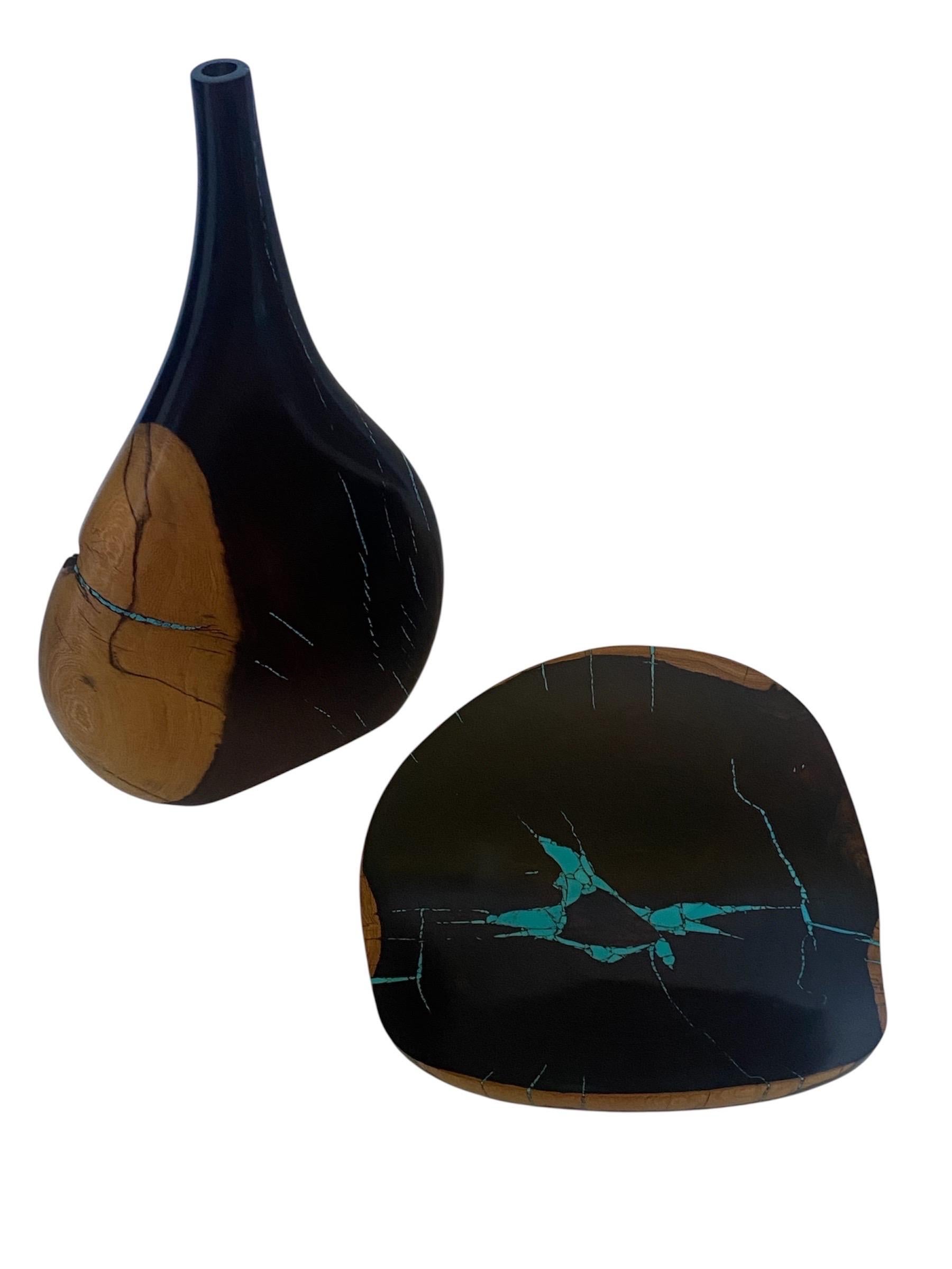 Contemporary Stunning Desert Ironwood & Turquoise Vessel and Bowl by Artisan Larry Favorite For Sale