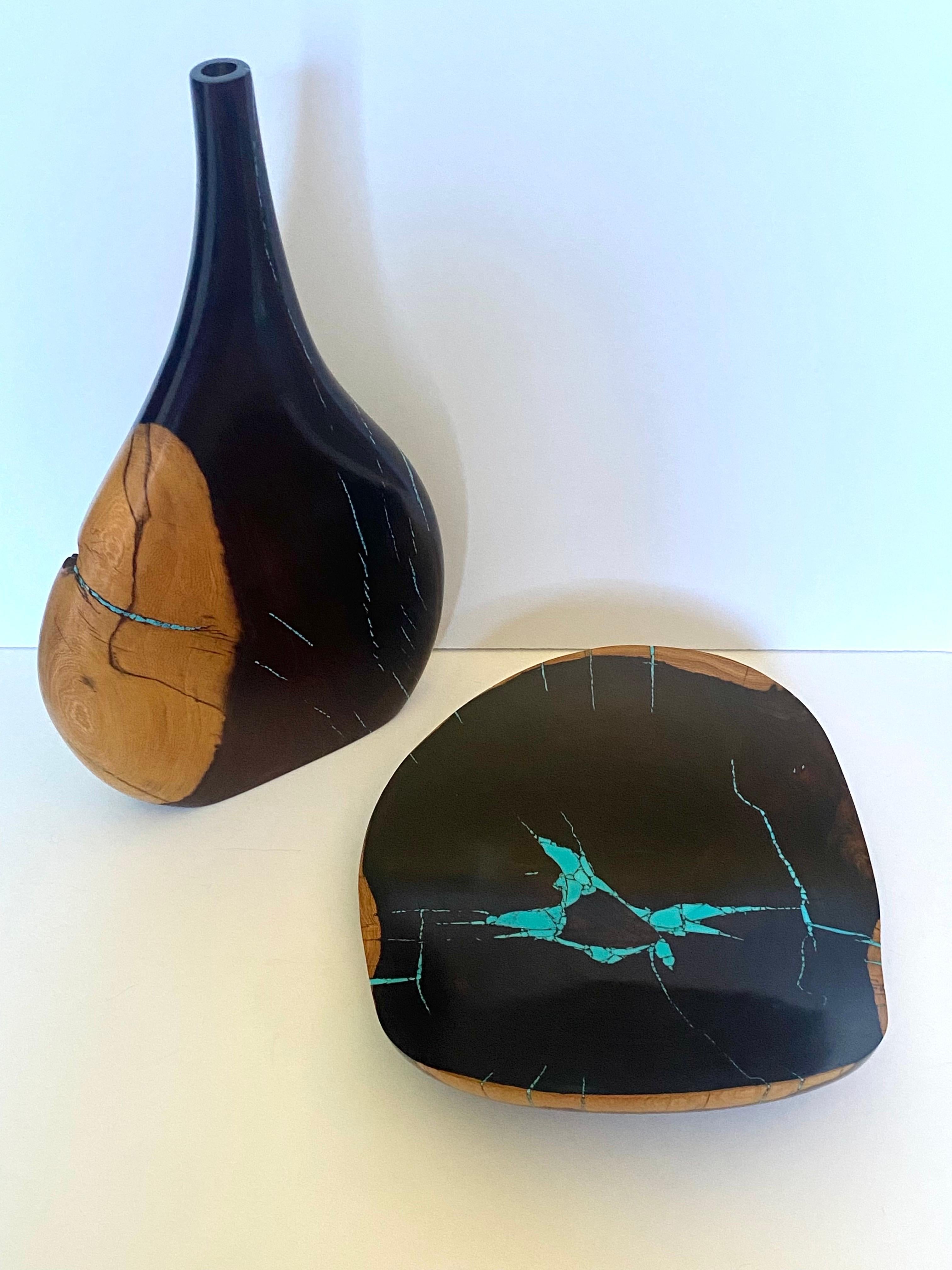 Hardwood Stunning Desert Ironwood & Turquoise Vessel and Bowl by Artisan Larry Favorite For Sale