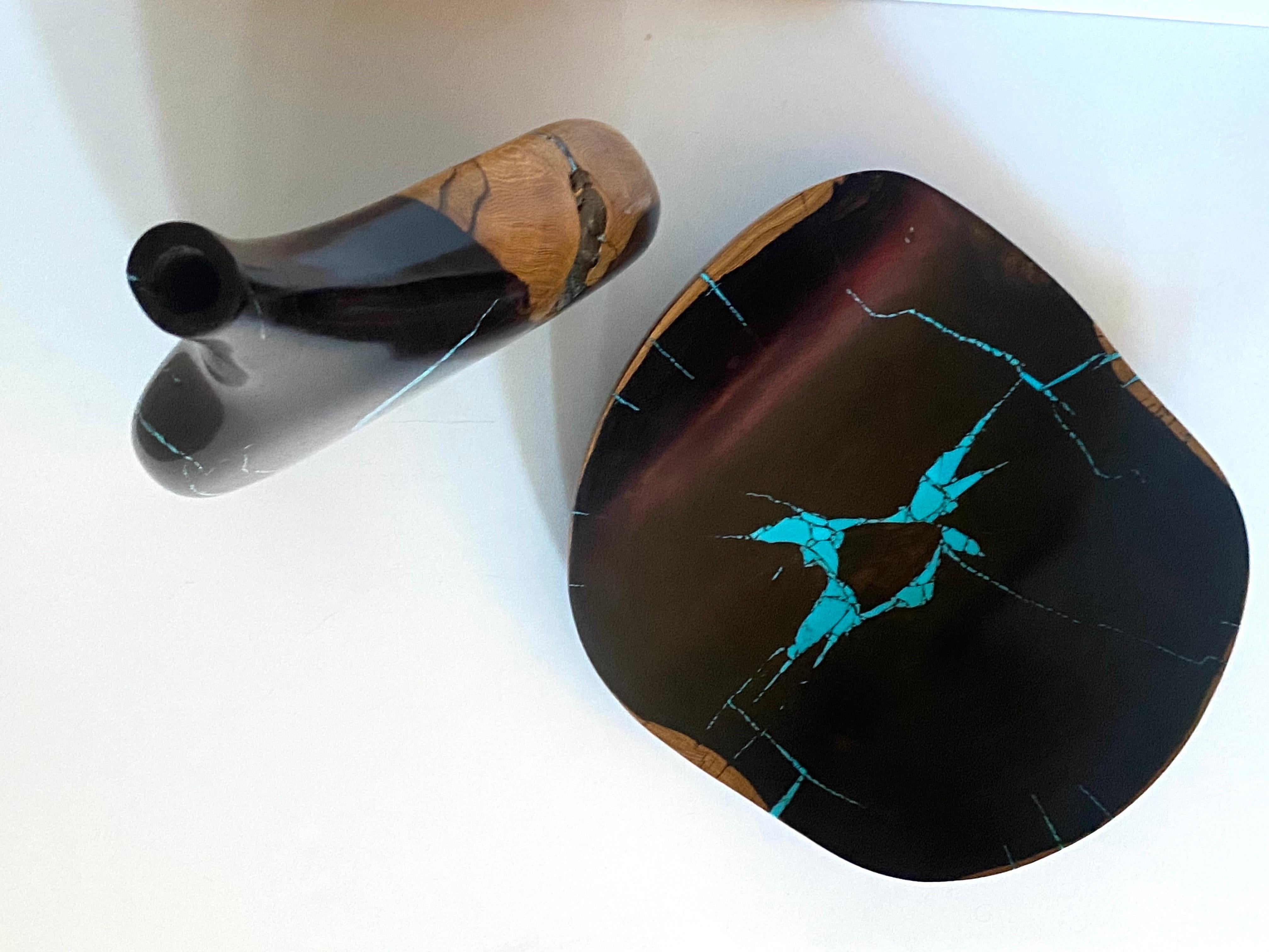 Stunning Desert Ironwood & Turquoise Vessel and Bowl by Artisan Larry Favorite For Sale 1