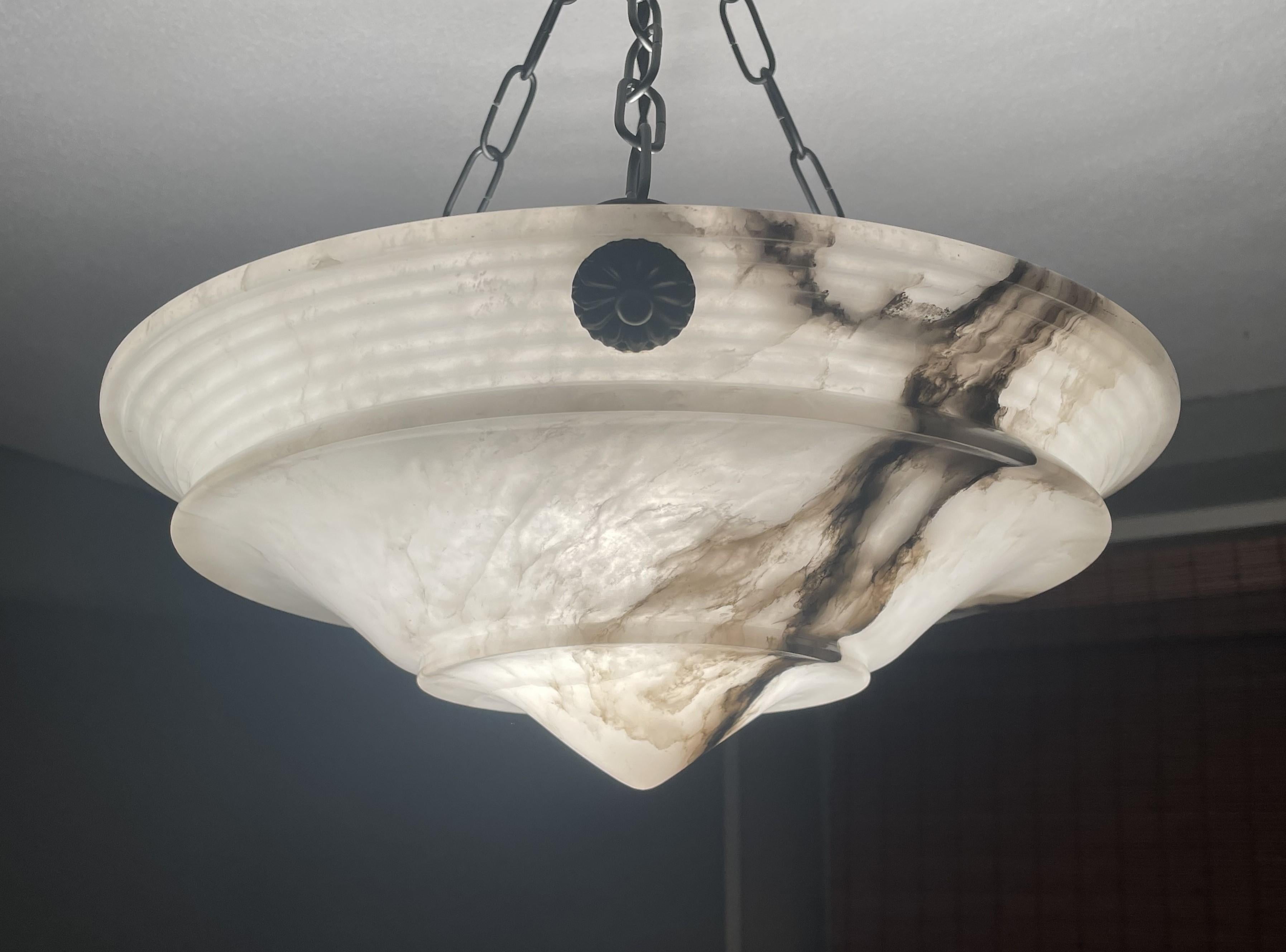 Stunning Design Handcarved White & Black Art Deco Alabaster Pendant / Chandelier For Sale 6