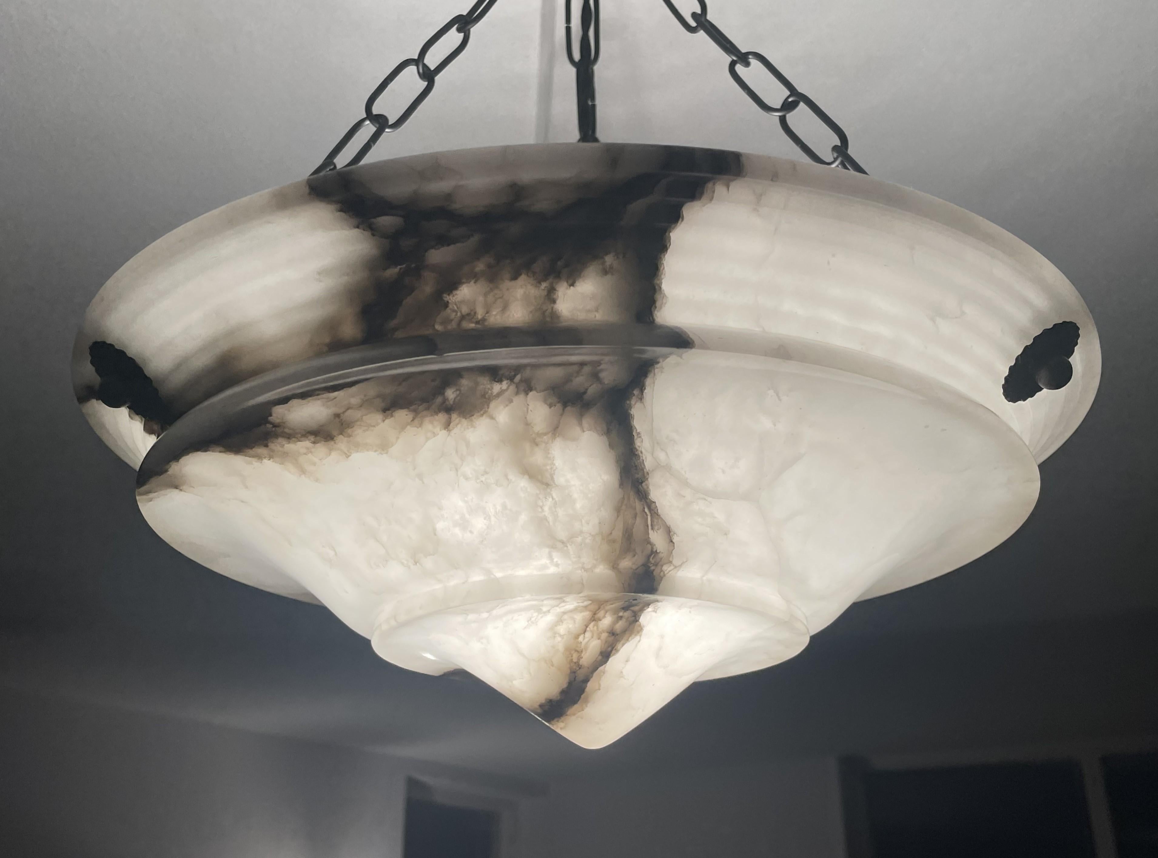 European Stunning Hand Carved White & Black Modernist Alabaster Pendant / Chandelier For Sale