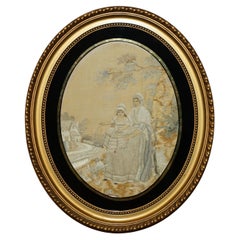 STUNNING DETAiL 18TH CENTURY OVAL FRAMED SILK WORK TAPESTRY GOLD GILT FRAME