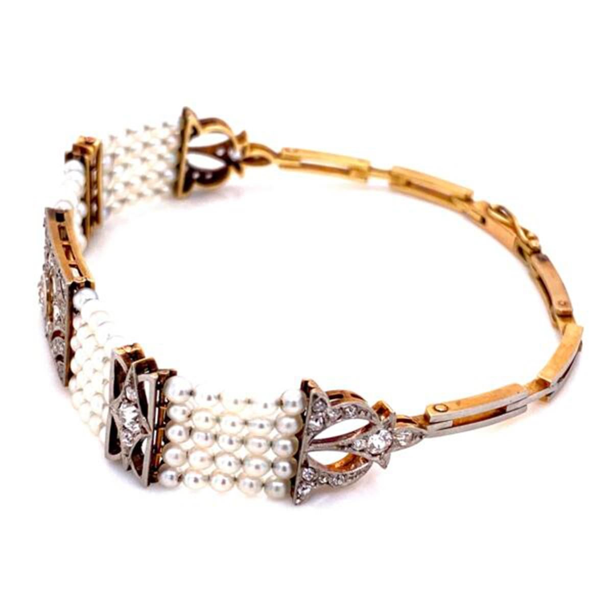 Women's or Men's Stunning Diamond and Pearl Edwardian Platinum Bracelet Estate Fine Jewelry