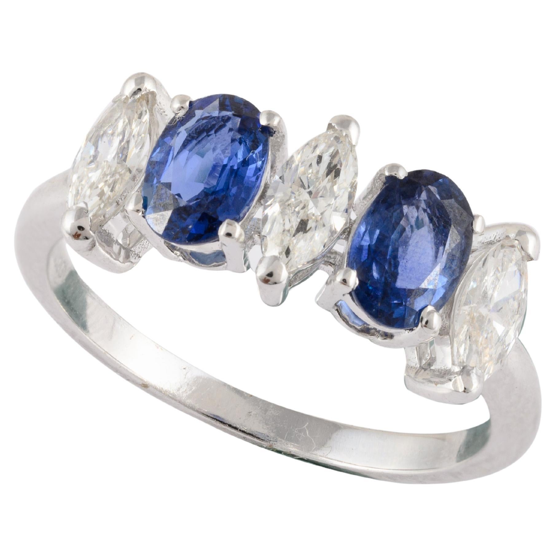 Stunning Diamond Blue Sapphire Engagement Ring For Her in Solid 18kt White Gold