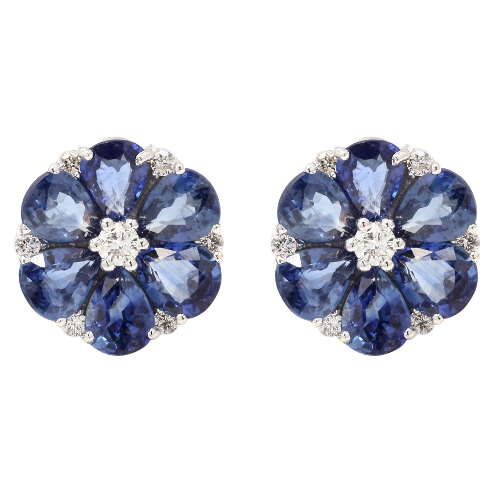 Stunning Floral Diamond and Sapphire Stud Earring Embedded in 18K White Gold For Sale