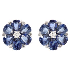Stunning Floral Diamond and Sapphire Stud Earring Embedded in 18K White Gold