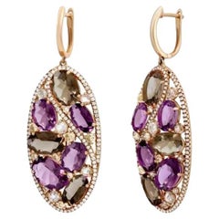 Stunning Diamond Carnelian Quartz Lever-Back Yellow 14k Gold Earrings for Her