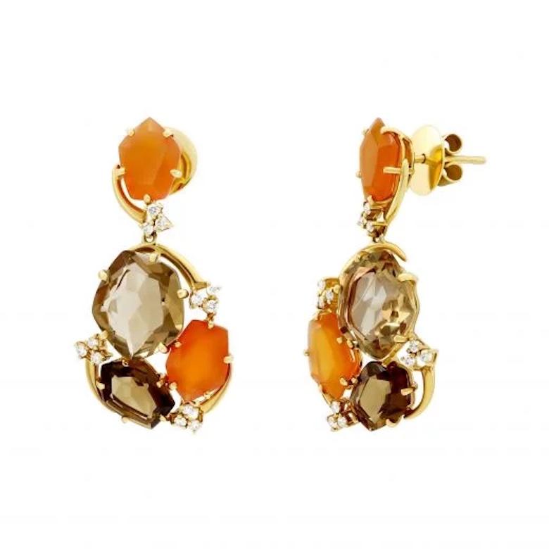 Taille baguette Superbes boucles d'oreilles en or jaune 18 carats avec diamants, citrine et cornaline pour elle en vente