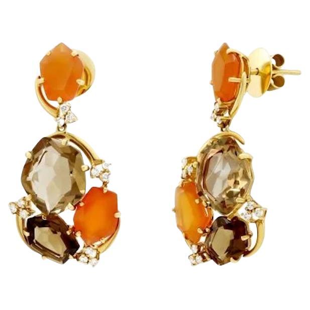 Superbes boucles d'oreilles en or jaune 18 carats avec diamants, citrine et cornaline pour elle