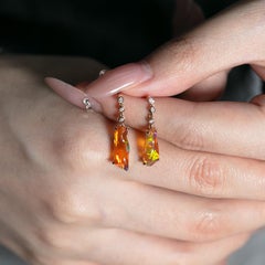 Stunning Diamond Fire Opal Asymmetric Drop Earrings in 14K Yellow Gold