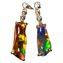 Stunning Diamond Fire Opal Asymmetric Drop Earrings in 14K Yellow Gold