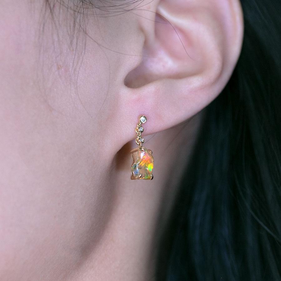 Arts and Crafts Stunning Diamond Fire Opal Asymmetric Drop Earrings in 18K Yellow Gold For Sale