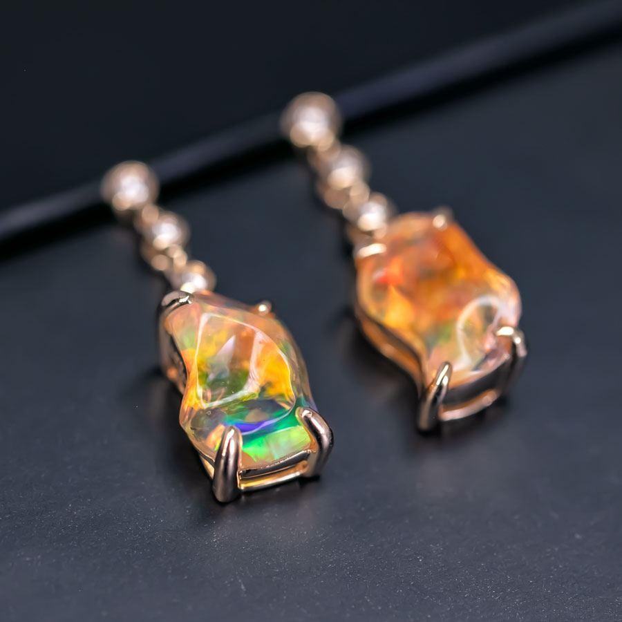 Brilliant Cut Stunning Diamond Fire Opal Asymmetric Drop Earrings in 18K Yellow Gold For Sale