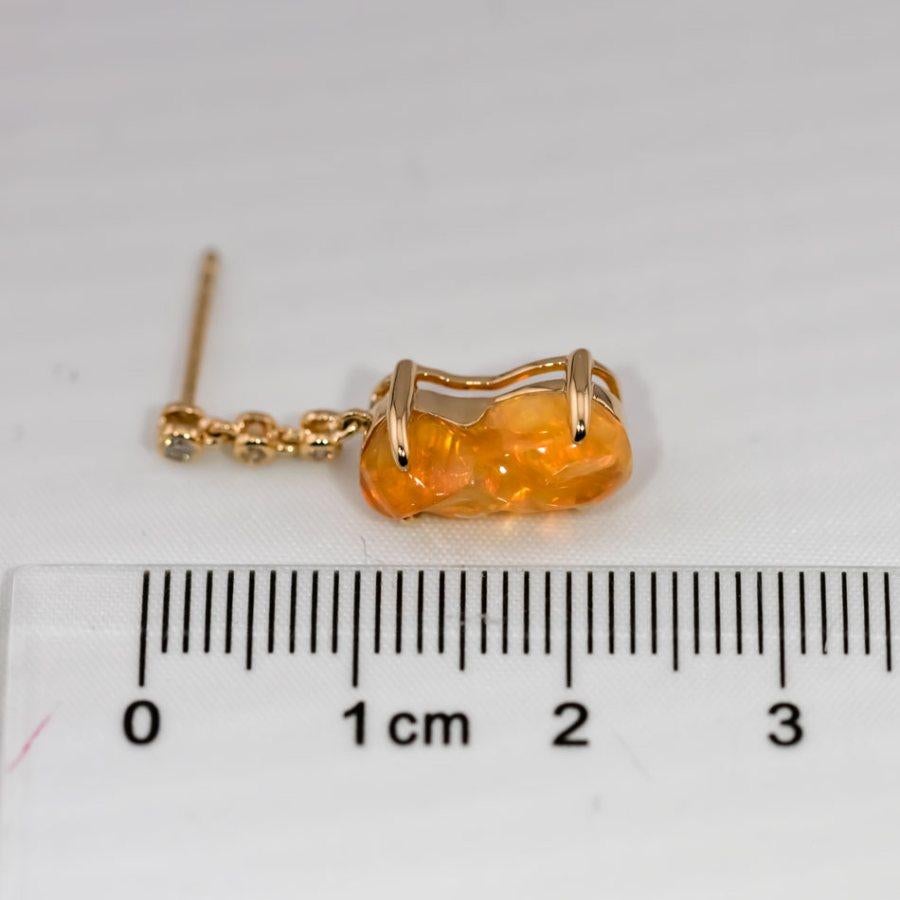 Artist Stunning Diamond Mexican Fire Opal Asymmetric Drop Earrings in 18K Yellow Gold For Sale