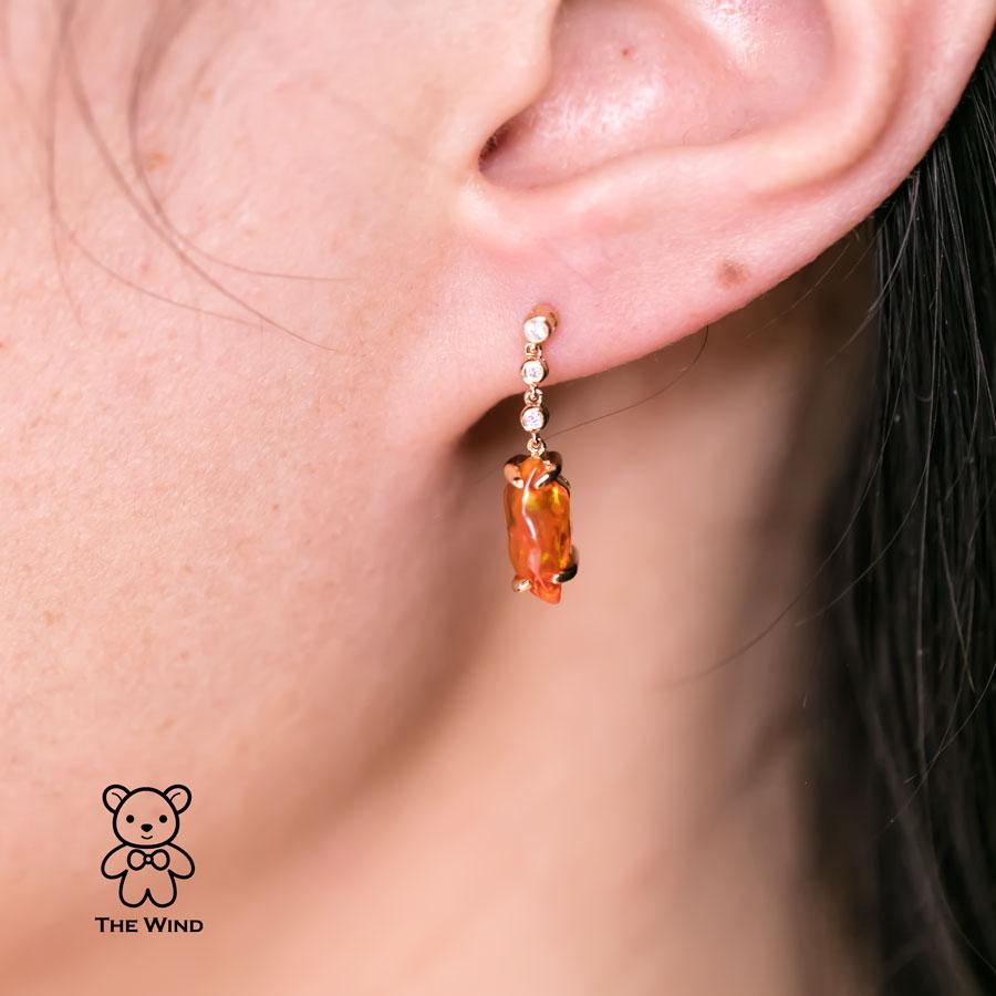 Brilliant Cut Stunning Diamond Mexican Fire Opal Asymmetric Drop Earrings in 18K Yellow Gold For Sale